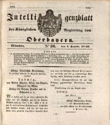 Intelligenzblatt der Königlich Bayerischen Regierung von Oberbayern (Münchner Intelligenzblatt) Freitag 4. September 1840