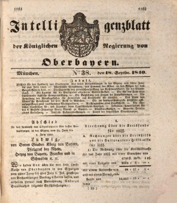 Intelligenzblatt der Königlich Bayerischen Regierung von Oberbayern (Münchner Intelligenzblatt) Freitag 18. September 1840