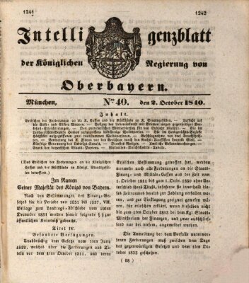 Intelligenzblatt der Königlich Bayerischen Regierung von Oberbayern (Münchner Intelligenzblatt) Freitag 2. Oktober 1840