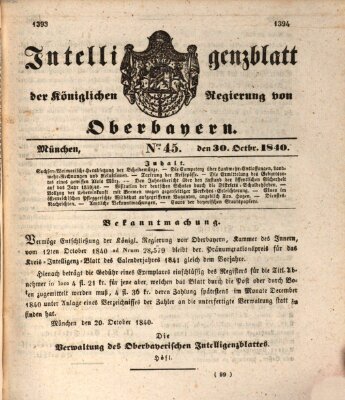 Intelligenzblatt der Königlich Bayerischen Regierung von Oberbayern (Münchner Intelligenzblatt) Freitag 30. Oktober 1840