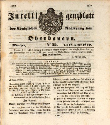 Intelligenzblatt der Königlich Bayerischen Regierung von Oberbayern (Münchner Intelligenzblatt) Freitag 18. Dezember 1840