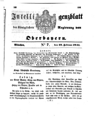 Intelligenzblatt der Königlichen Regierung von Oberbayern (Münchner Intelligenzblatt) Freitag 12. Februar 1841