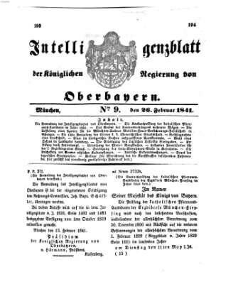 Intelligenzblatt der Königlichen Regierung von Oberbayern (Münchner Intelligenzblatt) Freitag 26. Februar 1841