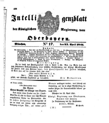 Intelligenzblatt der Königlichen Regierung von Oberbayern (Münchner Intelligenzblatt) Freitag 23. April 1841