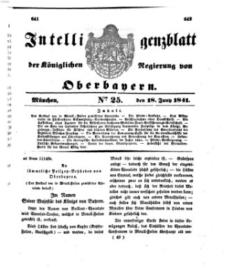 Intelligenzblatt der Königlichen Regierung von Oberbayern (Münchner Intelligenzblatt) Freitag 18. Juni 1841