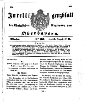 Intelligenzblatt der Königlichen Regierung von Oberbayern (Münchner Intelligenzblatt) Freitag 13. August 1841