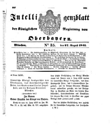 Intelligenzblatt der Königlichen Regierung von Oberbayern (Münchner Intelligenzblatt) Freitag 27. August 1841