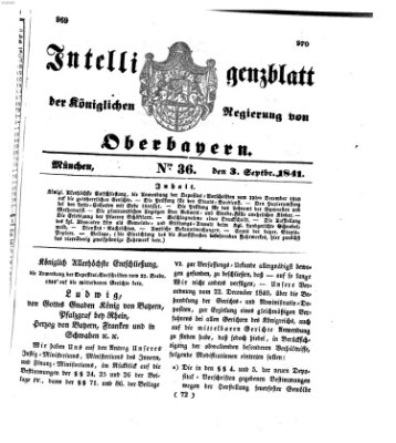 Intelligenzblatt der Königlichen Regierung von Oberbayern (Münchner Intelligenzblatt) Freitag 3. September 1841