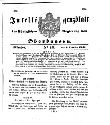 Intelligenzblatt der Königlichen Regierung von Oberbayern (Münchner Intelligenzblatt) Freitag 1. Oktober 1841