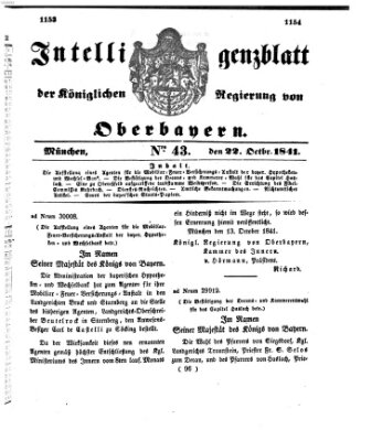 Intelligenzblatt der Königlichen Regierung von Oberbayern (Münchner Intelligenzblatt) Freitag 22. Oktober 1841