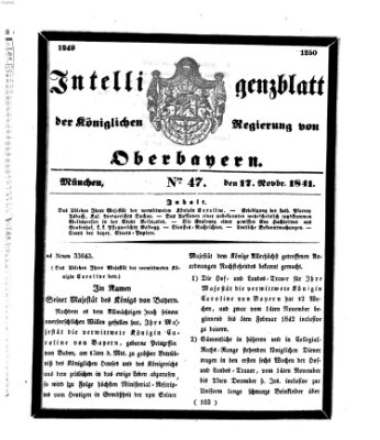 Intelligenzblatt der Königlichen Regierung von Oberbayern (Münchner Intelligenzblatt) Mittwoch 17. November 1841