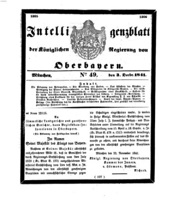 Intelligenzblatt der Königlichen Regierung von Oberbayern (Münchner Intelligenzblatt) Freitag 3. Dezember 1841