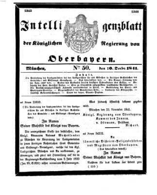 Intelligenzblatt der Königlichen Regierung von Oberbayern (Münchner Intelligenzblatt) Freitag 10. Dezember 1841