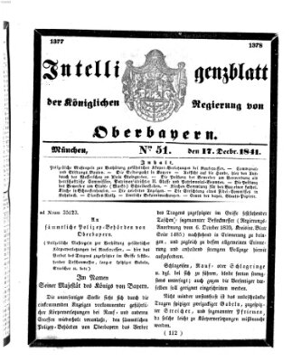 Intelligenzblatt der Königlichen Regierung von Oberbayern (Münchner Intelligenzblatt) Freitag 17. Dezember 1841