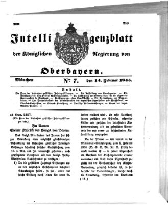 Intelligenzblatt der Königlichen Regierung von Oberbayern (Münchner Intelligenzblatt) Freitag 14. Februar 1845