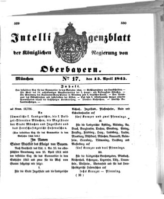 Intelligenzblatt der Königlichen Regierung von Oberbayern (Münchner Intelligenzblatt) Dienstag 15. April 1845