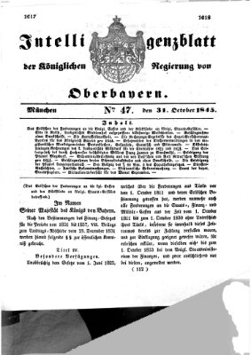 Intelligenzblatt der Königlichen Regierung von Oberbayern (Münchner Intelligenzblatt) Freitag 31. Oktober 1845