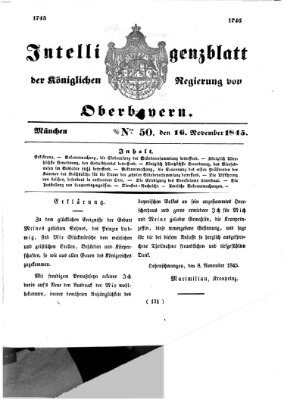 Intelligenzblatt der Königlichen Regierung von Oberbayern (Münchner Intelligenzblatt) Sonntag 16. November 1845