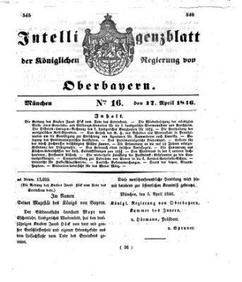 Intelligenzblatt der Königlichen Regierung von Oberbayern (Münchner Intelligenzblatt) Freitag 17. April 1846
