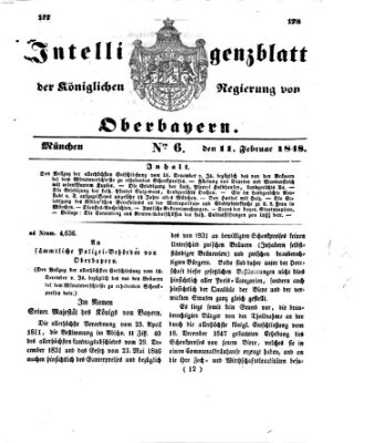 Intelligenzblatt der Königlichen Regierung von Oberbayern (Münchner Intelligenzblatt) Freitag 11. Februar 1848