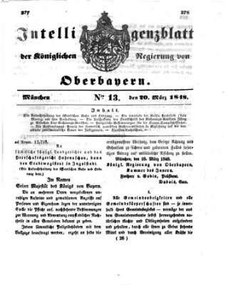 Intelligenzblatt der Königlichen Regierung von Oberbayern (Münchner Intelligenzblatt) Montag 20. März 1848
