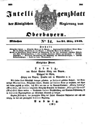 Intelligenzblatt der Königlichen Regierung von Oberbayern (Münchner Intelligenzblatt) Freitag 24. März 1848