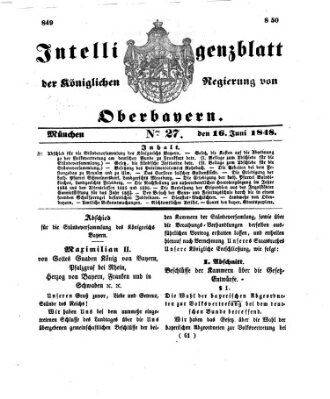 Intelligenzblatt der Königlichen Regierung von Oberbayern (Münchner Intelligenzblatt) Freitag 16. Juni 1848