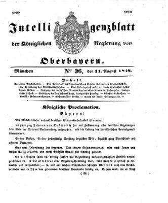 Intelligenzblatt der Königlichen Regierung von Oberbayern (Münchner Intelligenzblatt) Freitag 11. August 1848