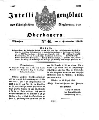 Intelligenzblatt der Königlichen Regierung von Oberbayern (Münchner Intelligenzblatt) Freitag 1. September 1848