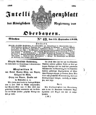 Intelligenzblatt der Königlichen Regierung von Oberbayern (Münchner Intelligenzblatt) Freitag 15. September 1848