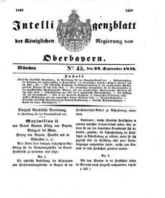 Intelligenzblatt der Königlichen Regierung von Oberbayern (Münchner Intelligenzblatt) Freitag 29. September 1848