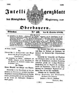 Intelligenzblatt der Königlichen Regierung von Oberbayern (Münchner Intelligenzblatt) Freitag 6. Oktober 1848