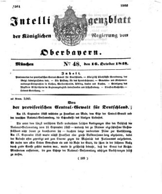 Intelligenzblatt der Königlichen Regierung von Oberbayern (Münchner Intelligenzblatt) Montag 16. Oktober 1848