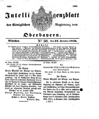 Intelligenzblatt der Königlichen Regierung von Oberbayern (Münchner Intelligenzblatt) Freitag 27. Oktober 1848