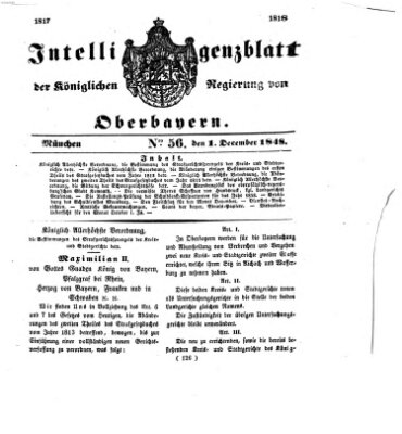 Intelligenzblatt der Königlichen Regierung von Oberbayern (Münchner Intelligenzblatt) Freitag 1. Dezember 1848