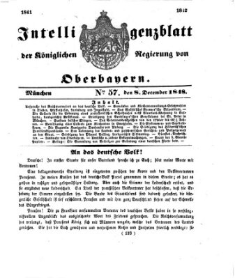 Intelligenzblatt der Königlichen Regierung von Oberbayern (Münchner Intelligenzblatt) Freitag 8. Dezember 1848