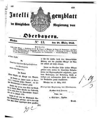 Intelligenzblatt der Königlichen Regierung von Oberbayern (Münchner Intelligenzblatt) Freitag 18. März 1853