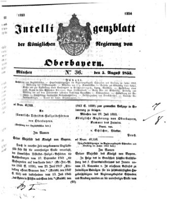 Intelligenzblatt der Königlichen Regierung von Oberbayern (Münchner Intelligenzblatt) Freitag 5. August 1853