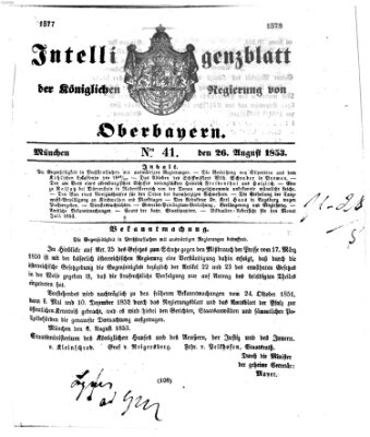 Intelligenzblatt der Königlichen Regierung von Oberbayern (Münchner Intelligenzblatt) Freitag 26. August 1853