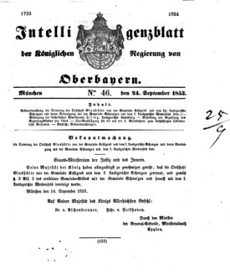 Intelligenzblatt der Königlichen Regierung von Oberbayern (Münchner Intelligenzblatt) Samstag 24. September 1853