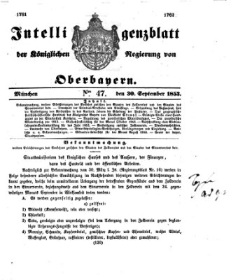 Intelligenzblatt der Königlichen Regierung von Oberbayern (Münchner Intelligenzblatt) Freitag 30. September 1853