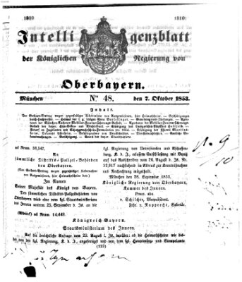 Intelligenzblatt der Königlichen Regierung von Oberbayern (Münchner Intelligenzblatt) Freitag 7. Oktober 1853