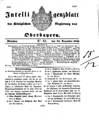 Intelligenzblatt der Königlichen Regierung von Oberbayern (Münchner Intelligenzblatt) Freitag 16. Dezember 1853