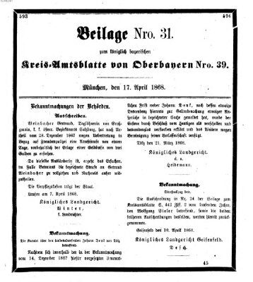 Königlich-bayerisches Kreis-Amtsblatt von Oberbayern (Münchner Intelligenzblatt) Freitag 17. April 1868