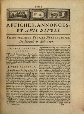 Affiches, annonces, et avis divers Mittwoch 13. August 1777