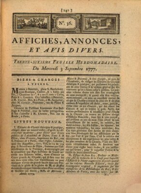 Affiches, annonces, et avis divers Mittwoch 3. September 1777