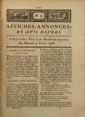 Affiches, annonces, et avis divers Mittwoch 4. Februar 1778