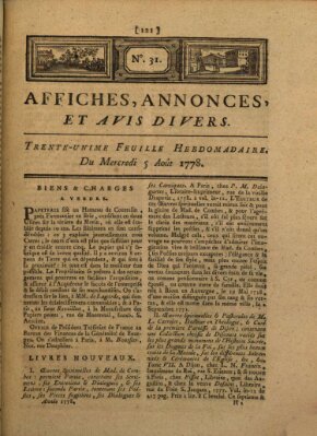 Affiches, annonces, et avis divers Mittwoch 5. August 1778