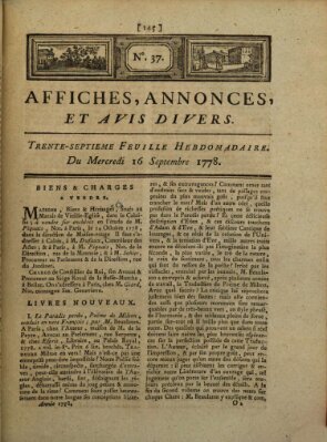 Affiches, annonces, et avis divers Mittwoch 16. September 1778