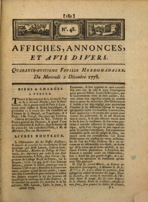 Affiches, annonces, et avis divers Mittwoch 2. Dezember 1778